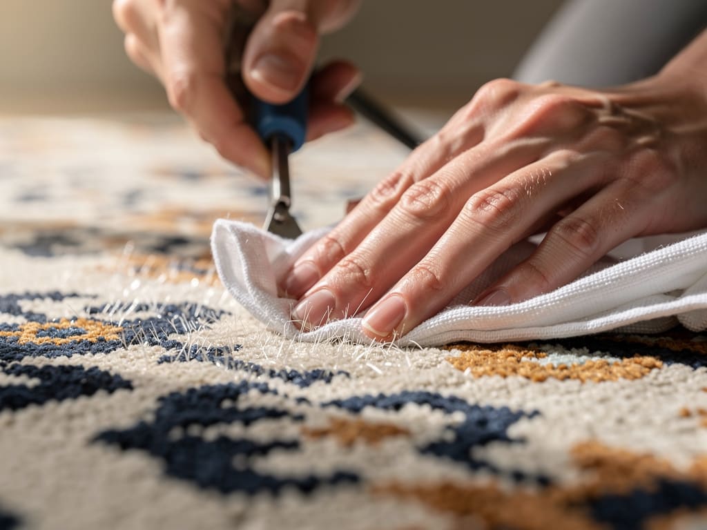 Dettaglio della pulizia professionale di un tappeto decorato